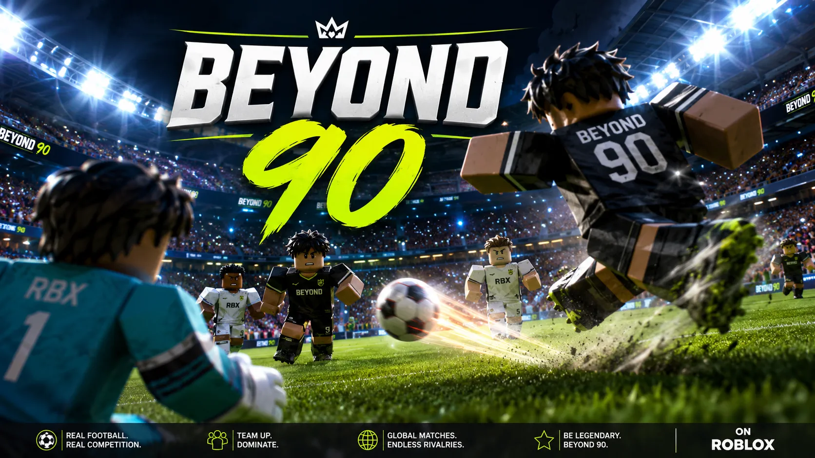 Beyond 90 players competing in a packed Roblox football stadium