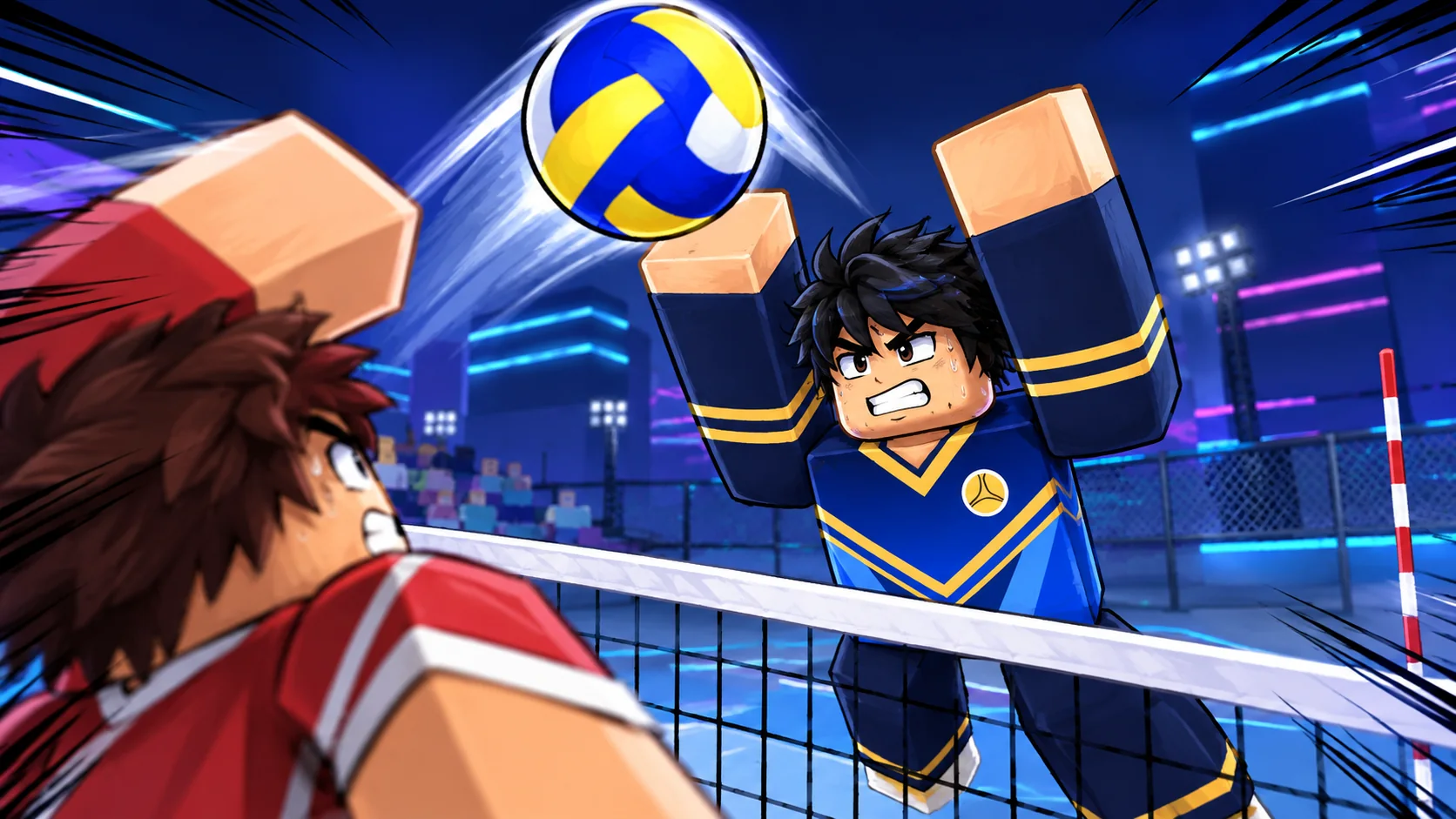 Volleyball Rally artwork of a blue-team player jumping to block a red-team attack at the net