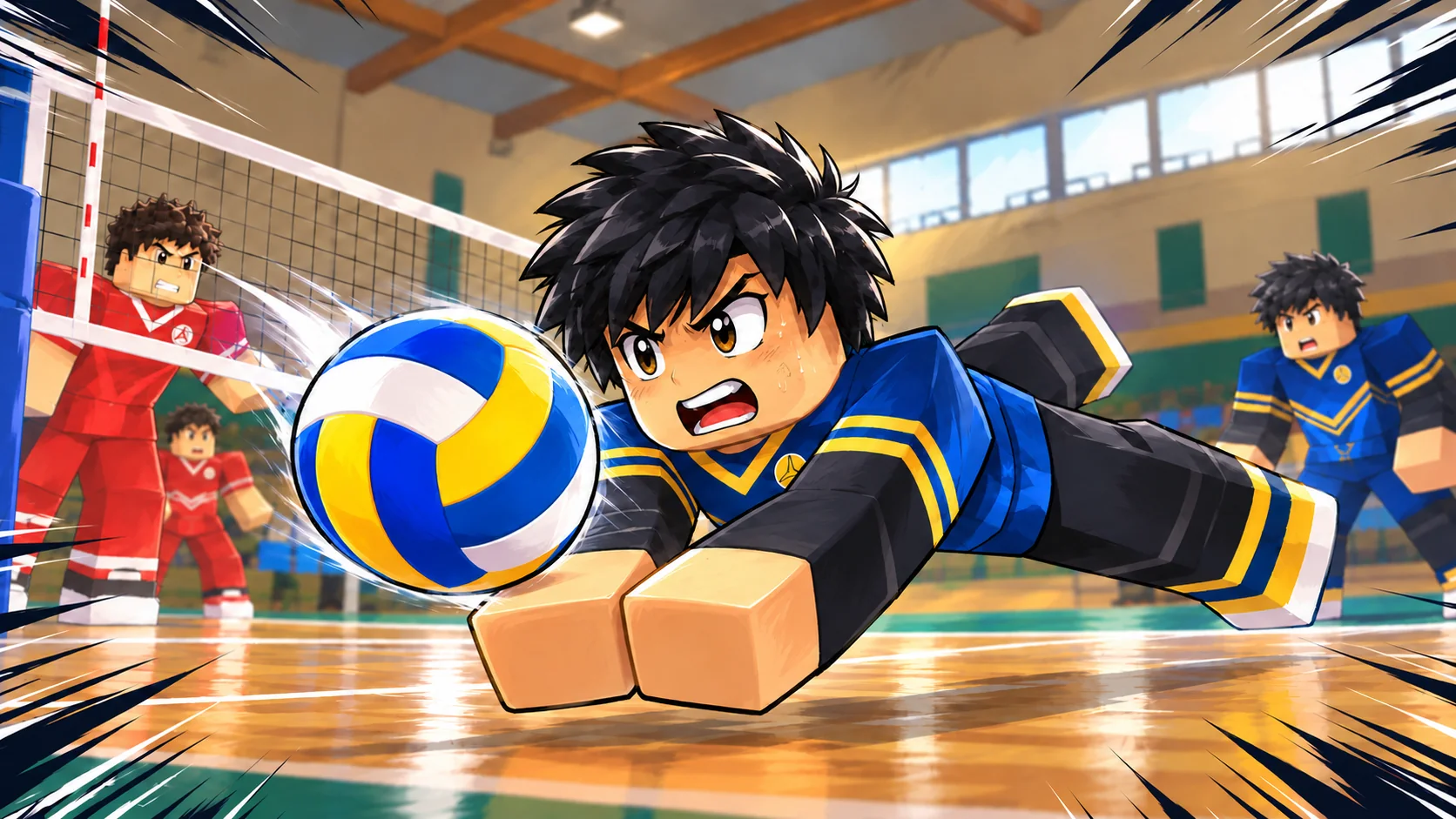 Volleyball Rally artwork of a player diving across the gym floor to reach the ball