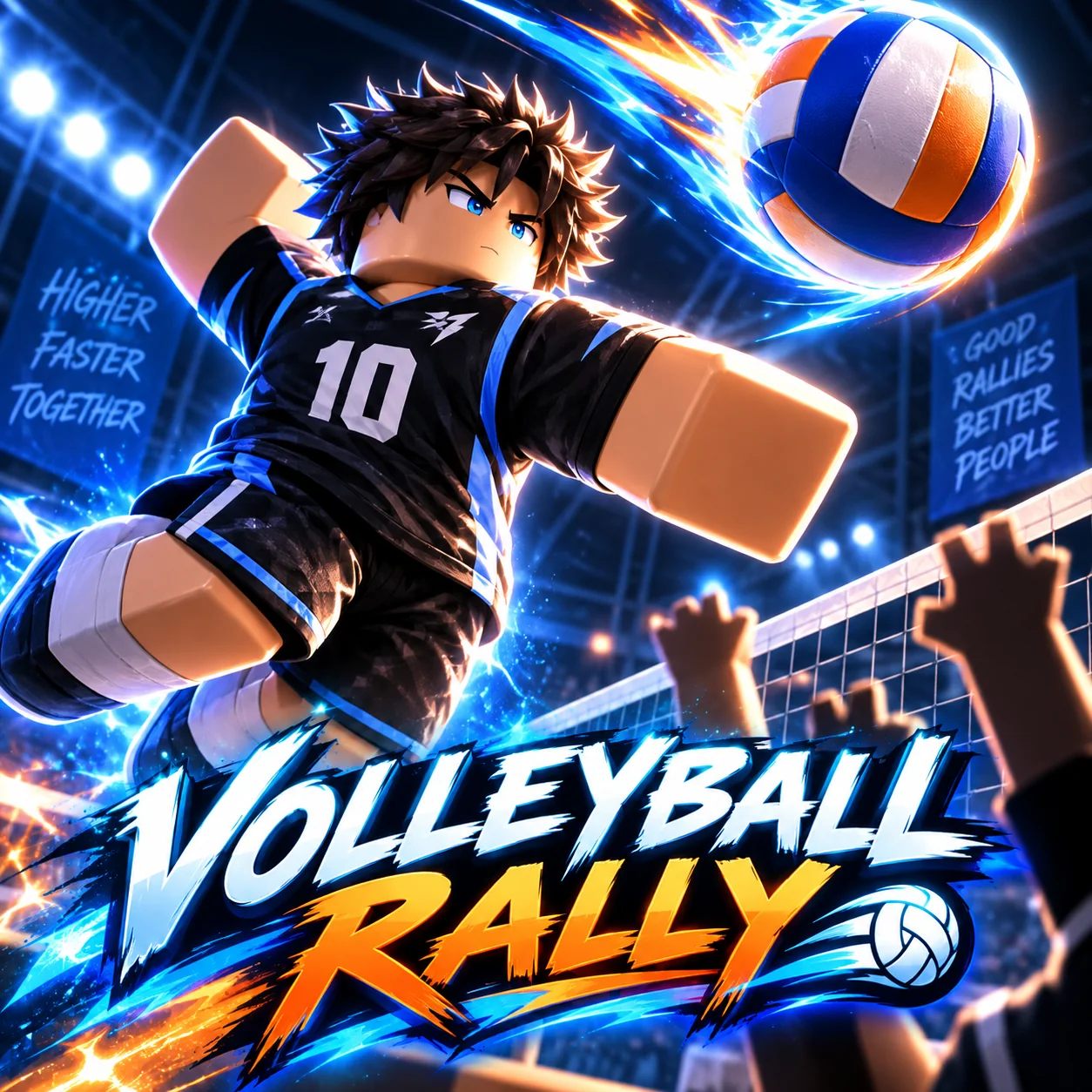 Volleyball Rally game icon showing a Roblox player spiking a volleyball