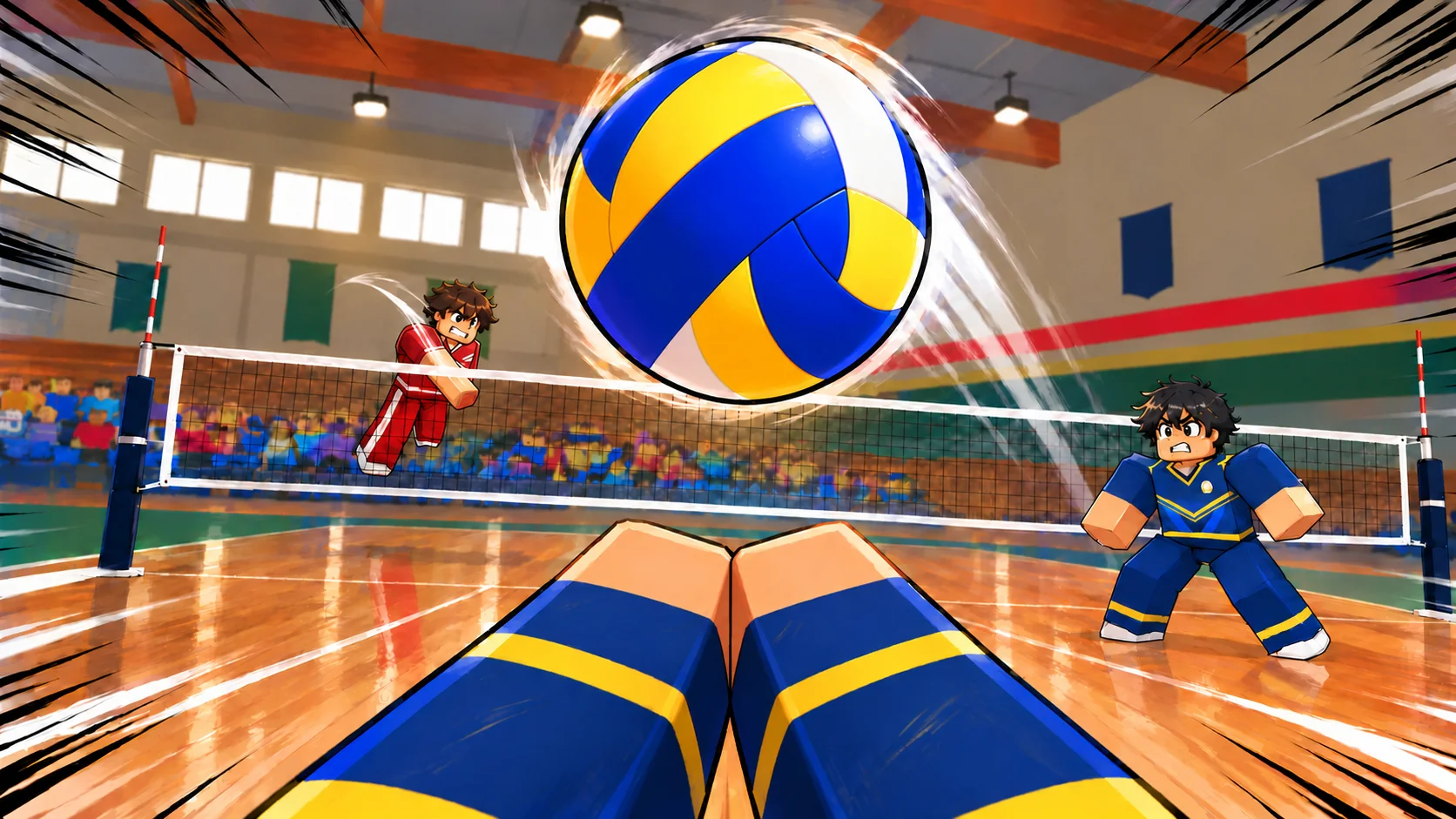 Volleyball Rally artwork from a receiver's viewpoint, with an incoming ball and the opposing team across the net