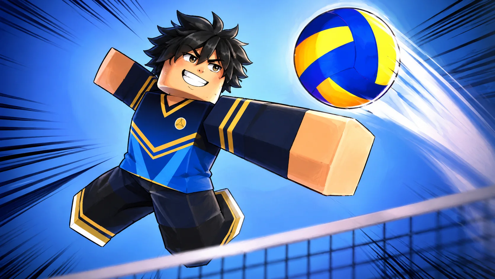 Volleyball Rally promotional artwork of a player leaping above the net to spike a blue and yellow ball