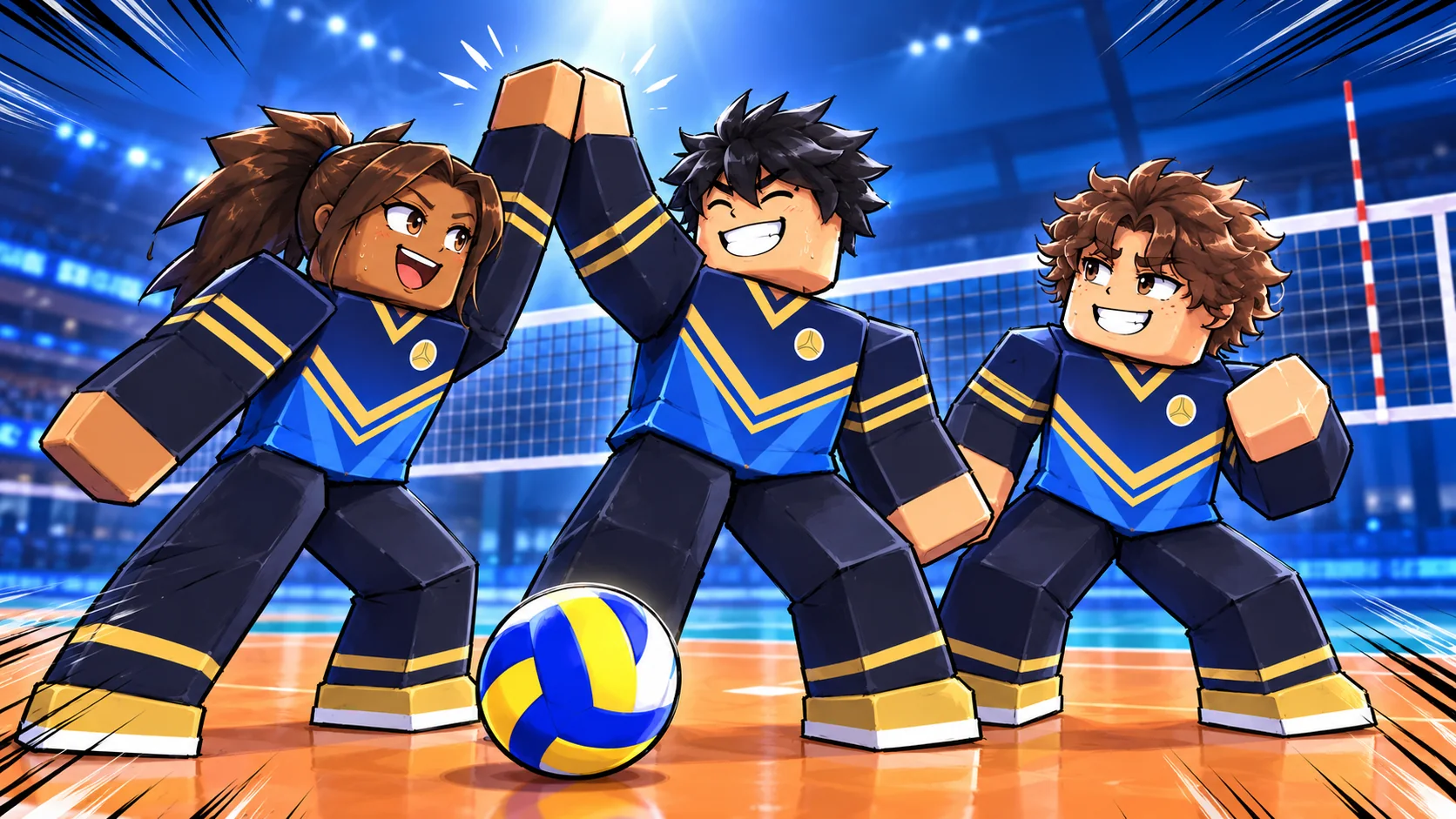 Volleyball Rally artwork of three teammates celebrating with a high five on an indoor court